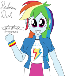 Size: 1050x1060 | Tagged: safe, artist:oscarcajilima, rainbow dash, human, equestria girls, g4, 2023, breasts, busty rainbow dash, clothes, cute, cutie mark on clothes, female, grin, looking at you, signature, simple background, skirt, smiling, solo, white background