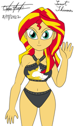 Size: 1000x1600 | Tagged: safe, artist:oscarcajilima, sunset shimmer, human, equestria girls, g4, 2022, adorasexy, belly button, bikini, breasts, busty sunset shimmer, clothes, cute, female, looking at you, midriff, sexy, signature, simple background, smiling, smiling at you, solo, sunset shimmer swimsuit, sunset shimmer's beach shorts swimsuit, swimsuit, thighs, waving, waving at you, white background