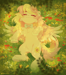 Size: 2000x2266 | Tagged: safe, artist:floweryoutoday, oc, oc only, oc:ninny, pegasus, blushing, bowtie, chest fluff, detailed background, eyes closed, female, flower, lying down, lying in grass, mare, necktie, outdoors, solo