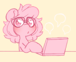 Size: 2511x2074 | Tagged: safe, artist:ninnydraws, oc, oc only, oc:ninny, pegasus, blushing, bowtie, computer, eye clipping through hair, female, glasses, laptop computer, mare, necktie, sketch, solo, sparkly eyes, wingding eyes