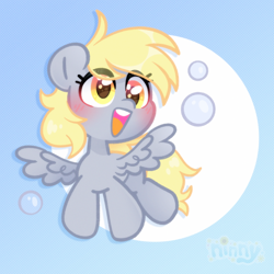 Size: 2056x2056 | Tagged: safe, artist:ninnydraws, derpy hooves, pegasus, pony, g4, blushing, bubble, chibi, cute, eye clipping through hair, flying, gradient background, open mouth, open smile, smiling, solo, wingding eyes