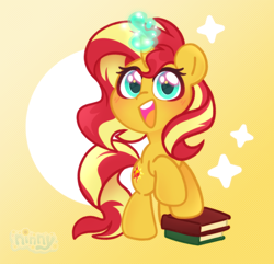 Size: 2252x2168 | Tagged: safe, artist:ninnydraws, sunset shimmer, pony, unicorn, g4, blushing, book, chibi, cute, eye clipping through hair, female, glowing, glowing horn, gradient background, happy, high res, horn, looking at you, magic, mare, open mouth, open smile, shimmerbetes, smiling, solo, wingding eyes