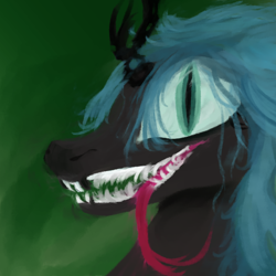 Size: 6000x6000 | Tagged: safe, artist:meadow dweller, derpibooru exclusive, queen chrysalis, changeling, changeling queen, g4, bust, crazy face, digital painting, faic, fangs, female, looking at you, painting, portrait, solo, teeth, tongue out