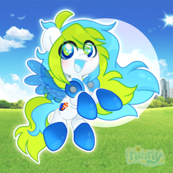 Size: 2480x2480 | Tagged: safe, artist:ninnydraws, oc, oc only, oc:frutiger, aesthetics, blushing, clothes, eye clipping through hair, female, flying, frutiger aero, headphones, looking at you, mare, see-through, solo, spread wings, wingding eyes, wings