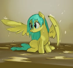 Size: 2209x2048 | Tagged: safe, artist:mandumustbasukanemen, sunshower raindrops, pegasus, pony, g4, female, mare, puddle, rain, sitting, solo, spread wings, wet, wet mane, wings