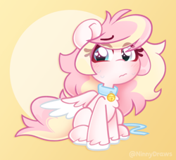 Size: 2594x2351 | Tagged: safe, artist:ninnydraws, oc, oc only, oc:ninny, pegasus, pony, bell, bell collar, blushing, chest fluff, collar, eye clipping through hair, female, folded wings, gradient background, heart, heart eyes, leash, looking back, mare, pouting, shy, sitting, solo, unshorn fetlocks, wingding eyes, wings