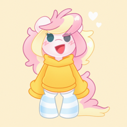 Size: 2896x2892 | Tagged: safe, artist:ninnydraws, oc, oc only, oc:ninny, semi-anthro, bipedal, blushing, chibi, clothes, eye clipping through hair, female, happy, heart, heterochromia, looking at you, mare, oversized clothes, simple background, socks, solo, standing, striped socks, yellow background