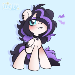 Size: 2414x2414 | Tagged: safe, alternate version, artist:ninnydraws, oc, oc only, oc:ninny, alternate hairstyle, bags under eyes, blue background, clothes, collar, costume, ear piercing, eye clipping through hair, eyeshadow, folded wings, goth, heart, heart eyes, looking at you, makeup, piercing, simple background, smug, solo, wingding eyes, wings