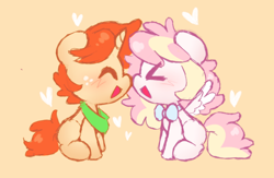 Size: 3768x2453 | Tagged: safe, artist:ninnydraws, oc, oc only, oc:contra, oc:ninny, pegasus, pony, unicorn, blushing, boop, bowtie, clothes, couple, duo, eyes closed, freckles, heart, horn, lidded eyes, necktie, noseboop, orange background, scarf, simple background, sketch