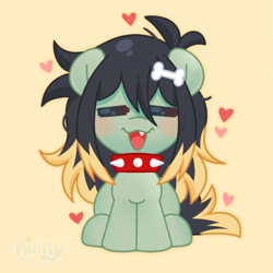 Size: 2410x2410 | Tagged: safe, artist:ninnydraws, oc, oc only, pony, blushing, chibi, collar, cute, eyes closed, female, hair accessory, happy, heart, mare, sharp teeth, sitting, solo, spiked collar, teeth, tooth