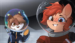 Size: 2938x1693 | Tagged: safe, artist:rexyseven, oc, oc only, oc:rusty gears, oc:sofiko, cat, earth pony, pony, astronaut, duo, female, looking at you, mare, moon, on the moon, selfie, smiling, smiling at you, space, spacesuit, stars