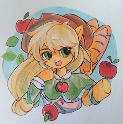 Size: 2985x3014 | Tagged: safe, artist:xinjinjumin193918007138, applejack, earth pony, anthro, g4, apple, bread, bust, food, hat, hooves, open mouth, open smile, smiling, solo, traditional art