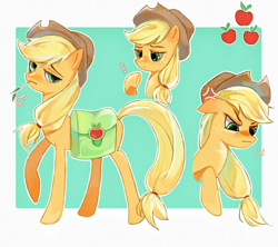 Size: 1024x910 | Tagged: safe, artist:xinjinjumin193918007138, applejack, earth pony, pony, g4, bag, bust, female, full body, mare, portrait, raised hoof, solo, straw in mouth