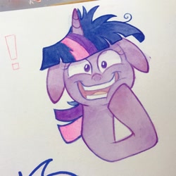 Size: 2160x2160 | Tagged: safe, artist:miss-aciturn, twilight sparkle, pony, unicorn, g4, bust, floppy ears, horn, marker drawing, open mouth, open smile, purple coat, smiling, solo, teeth, traditional art, twilight snapple, twilight sparkle is best facemaker