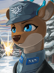 Size: 1560x2100 | Tagged: safe, artist:kelkessel, oc, oc only, oc:elain olsen, deer, reindeer, equestria at war mod, blue eyes, bust, clothes, dawn, hearts of iron 4, military uniform, olenia, olenian, portrait, snow, solo, uniform