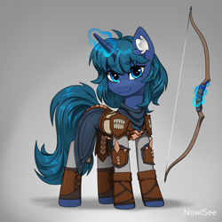 Size: 1500x1500 | Tagged: safe, artist:inowiseei, oc, oc only, oc:arclight, pony, unicorn, armor, baldur's gate, baldur's gate 3, bow (weapon), colored ear fluff, ear fluff, gradient background, horn, levitation, magic, scale mail, solo, telekinesis, unicorn oc