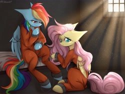 Size: 2048x1542 | Tagged: safe, artist:shinech9, fluttershy, rainbow dash, g4, bound wings, chains, clothes, commissioner:rainbowdash69, duo, duo female, dust motes, female, jail, jail cell, jumpsuit, never doubt rainbowdash69's involvement, prison, prison cell, prison outfit, prisoner, prisoner fs, prisoner rd, shackles, wings