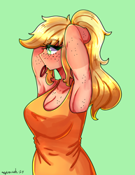 Size: 2550x3300 | Tagged: safe, artist:mylittleyuri, applejack, human, g4, alternate hairstyle, arm freckles, armpits, blushing, boob freckles, breasts, busty applejack, chest freckles, cleavage, elf ears, female, freckles, green background, hairband, humanized, mouth hold, muscles, simple background, solo