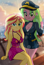 Size: 1342x2000 | Tagged: safe, artist:emeraldblast63, lemon zest, sunset shimmer, human, unicorn, equestria girls, g4, backlighting, bedroom eyes, breasts, busty lemon zest, busty sunset shimmer, captain zest, cleavage, clothes, dress, duo, duo female, female, hat, horn, lens flare, looking at you, ocean, skirt, smiling, smiling at you, stupid sexy lemon zest, stupid sexy sunset shimmer, uniform, water