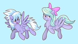 Size: 2048x1150 | Tagged: safe, artist:czscribbles, cloudchaser, flitter, pegasus, pony, g4, blue background, bow, cute, cutechaser, duo, duo female, female, flitterbetes, hair bow, looking at you, mare, open mouth, partially open wings, siblings, simple background, sisters, smiling, spread wings, wings