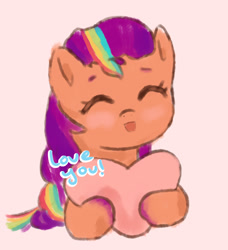 Size: 1280x1402 | Tagged: safe, artist:koneko-w, sunny starscout, earth pony, pony, g5, ^^, blushing, cute, dialogue, eyes closed, female, heart, heart pillow, looking at you, mane stripe sunny, mare, orange background, pillow, simple background, solo, sunnybetes