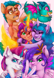 Size: 1280x1842 | Tagged: safe, artist:acidiic, hitch trailblazer, izzy moonbow, pipp petals, sparky sparkeroni, sunny starscout, zipp storm, alicorn, dragon, earth pony, pegasus, pony, unicorn, g5, abstract background, baby, baby dragon, cheek squish, cheek to cheek, duckface, female, group photo, horn, hug, lesbian, looking at you, mane five, mane stripe sunny, race swap, royal sisters (g5), ship:moonscout, shipping, siblings, sisters, squishy cheeks, sunnycorn