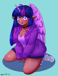 Size: 2550x3300 | Tagged: safe, artist:mylittleyuri, twilight sparkle, human, g4, 2d, :p, alicorn humanization, bangs, blue background, blushing, breasts, choker, cleavage, clothes, collar, cute, dark skin, elf ears, eyebrows, eyebrows visible through hair, feathered wings, female, heart, heart eyes, hoodie, horn, horned humanization, humanized, jacket, kneeling, legs, long sleeves, looking at you, shirt, shorts, sideburns, simple background, smiling, smiling at you, socks, solo, straight hair, t-shirt, tongue out, twiabetes, twilight sparkle (alicorn), wingding eyes, winged humanization, wings