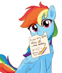 Size: 1280x1492 | Tagged: safe, artist:koneko-w, rainbow dash, pegasus, pony, fanfic:rainbow factory, g4, eye clipping through hair, eyebrows, eyebrows visible through hair, fanfic, fanfic art, folded wings, half body, implied scootaloo, list, looking at you, mouth hold, simple background, sitting, solo, the implications are horrible, white background, wings