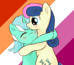 Size: 1280x1139 | Tagged: safe, artist:koneko-w, bon bon, lyra heartstrings, sweetie drops, earth pony, pony, unicorn, g4, blush scribble, blushing, duo, duo female, eyes closed, female, flag background, horn, hug, lesbian, lesbian pride flag, pride, pride background, pride flag, ship:lyrabon, shipping