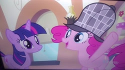 Size: 3264x1828 | Tagged: safe, screencap, pinkie pie, twilight sparkle, unicorn, g4, mmmystery on the friendship express, season 2, deerstalker, detective, duo, duo female, female, friendship express, hat, locomotive, photo, picture of a screen, sherlock pie, steam locomotive, train, unicorn twilight