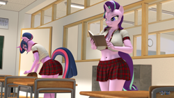 Size: 1920x1080 | Tagged: safe, artist:anthroponiessfm, part of a set, sci-twi, starlight glimmer, twilight sparkle, unicorn, anthro, g4, 3d, belly, belly button, big breasts, book, breasts, busty sci-twi, busty starlight glimmer, busty twilight sparkle, clothes, duo, female, glasses, horn, implied tail hole, looking at someone, midriff, school, school uniform, schoolgirl, skirt, source filmmaker, tail