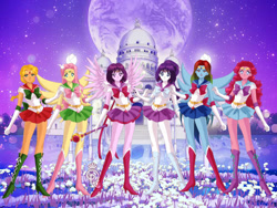 Size: 800x600 | Tagged: safe, artist:omniverse-commander, applejack, fluttershy, pinkie pie, rainbow dash, rarity, twilight sparkle, human, equestria girls, g4, clothes, cosplay, costume, mane six, sailor moon (series), sailor senshi maker, sailor uniform, uniform