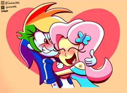 Size: 4508x3299 | Tagged: safe, artist:gordodel2006, fluttershy, rainbow dash, human, equestria girls, g4, my little pony equestria girls: better together, bisexual pride flag, female, heart, high res, hug, lesbian, lesbian pride flag, multicolored hair, pride, pride flag, rainbow hair, ship:flutterdash, shipping