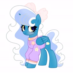 Size: 6890x6890 | Tagged: safe, artist:riofluttershy, oc, oc only, oc:fleurbelle, alicorn, pony, alicorn oc, blushing, bow, clothes, female, hair bow, horn, jacket, mare, pink bow, simple background, smiling, solo, tail, two toned hair, two toned mane, two toned tail, white background, wings, yellow eyes