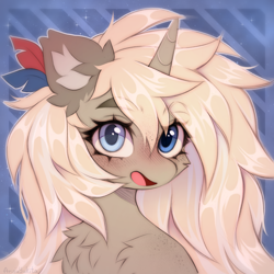 Size: 2480x2480 | Tagged: safe, artist:arisuyukita, oc, oc only, oc:arisu yukita, pony, unicorn, bust, chest fluff, ear fluff, feather, female, freckles, heterochromia, horn, mare, open mouth, portrait, solo, unicorn oc