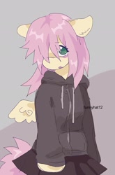 Size: 1349x2048 | Tagged: safe, artist:funnyhat12, fluttershy, pegasus, pony, anthro, g4, abstract background, blushing, clothes, cute, female, floppy ears, hair over one eye, hoodie, looking at you, mare, open mouth, shorter hair, shy, shyabetes, skirt, two toned background