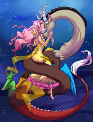 Size: 1300x1700 | Tagged: safe, artist:kavli-kaffel, discord, fluttershy, draconequus, human, g4, breasts, clothes, dress, ear piercing, earring, female, humanized, jewelry, male, moonlight, night, piercing, ship:discoshy, shipping, stars, straight