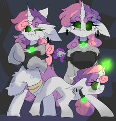 Size: 4000x4160 | Tagged: safe, artist:madiwann, rarity, sweetie belle, pony, unicorn, anthro, g4, corrupted, evil, female, goth, horn, insanity, jewelry, magic, mare, necklace