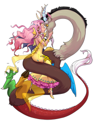 Size: 1300x1700 | Tagged: safe, artist:kavli-kaffel, discord, fluttershy, human, g4, breasts, clothes, dress, female, humanized, male, ship:discoshy, shipping, simple background, straight, transparent background