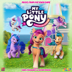 Size: 898x898 | Tagged: safe, artist:daveman1000, hitch trailblazer, izzy moonbow, pipp petals, sunny starscout, zipp storm, earth pony, pegasus, pony, unicorn, g5, my little pony: a maretime bay adventure, album cover, fan made, female, horn, logo, male, soundtrack, unofficial, video game