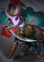 Size: 1061x1500 | Tagged: safe, artist:margony, mistmane, pony, unicorn, g4, armor, commission, convincing armor, epic, female, glowing, glowing horn, helmet, horn, levitation, magic, mare, solo, sword, telekinesis, weapon