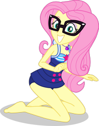 Size: 2357x3011 | Tagged: safe, artist:dustinwatsongkx, edit, vector edit, fluttershy, human, equestria girls, g4, accessory swap, bare shoulders, barefoot, clothes, clothes swap, feet, female, geode of telekinesis, glasses, grin, high res, looking at you, magical geodes, one-piece swimsuit, sci-twi swimsuit, simple background, skinny, sleeveless, smiling, smiling at you, solo, swimsuit, swimsuit swap, thin, transparent background, vector