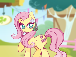 Size: 1080x810 | Tagged: safe, artist:buzhi02166, fluttershy, earth pony, pony, g4, blurry background, earth pony fluttershy, female, flower, looking back, mare, no pupils, race swap, raised hoof, solo