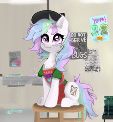 Size: 1421x1537 | Tagged: safe, artist:minecake, queen chrysalis, oc, oc only, oc:cake sparkle, pony, unicorn, g4, apron, clothes, ear fluff, female, freckles, horn, neck fluff, pizza box, poster, sink, solo, stool, uniform, visor cap