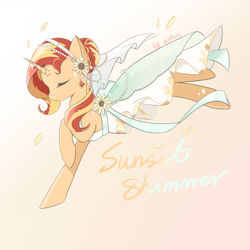 Size: 3000x3000 | Tagged: safe, artist:starrysky73245, sunset shimmer, pony, unicorn, g4, clothes, dress, eyes closed, female, gradient background, horn, mare, solo, text