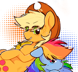 Size: 905x836 | Tagged: safe, artist:xinjinjumin185202104434, applejack, rainbow dash, earth pony, pegasus, pony, g4, abstract background, duo, duo female, female, grin, mare, smiling