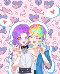 Size: 3071x3796 | Tagged: safe, artist:yaocengmei, rainbow dash, rarity, human, g4, eyes closed, female, heart, humanized, lesbian, multicolored hair, open mouth, outline, patterned background, rainbow hair, shipping, smiling, speech bubble, white outline