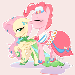 Size: 3800x3800 | Tagged: safe, artist:mohuansi, fluttershy, pinkie pie, earth pony, pegasus, pony, g4, clothes, dress, eyes closed, female, gala dress, gown, jumping, mare, open mouth, outline, raised hoof, simple background, smiling, white outline