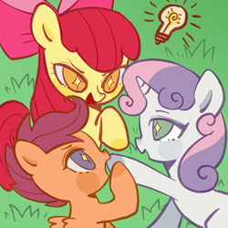 Size: 2048x2048 | Tagged: safe, artist:nimingxiwang168, apple bloom, scootaloo, sweetie belle, earth pony, pegasus, pony, unicorn, g4, cutie mark crusaders, female, filly, foal, green background, horn, lightbulb, open mouth, simple background, smiling