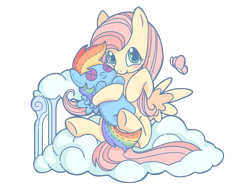 Size: 3464x2598 | Tagged: safe, artist:叶荫, fluttershy, rainbow dash, butterfly, pegasus, pony, g4, cloud, doll, female, hug, looking at you, mare, plushie, rainbow dash plushie, simple background, solo, toy, transparent background